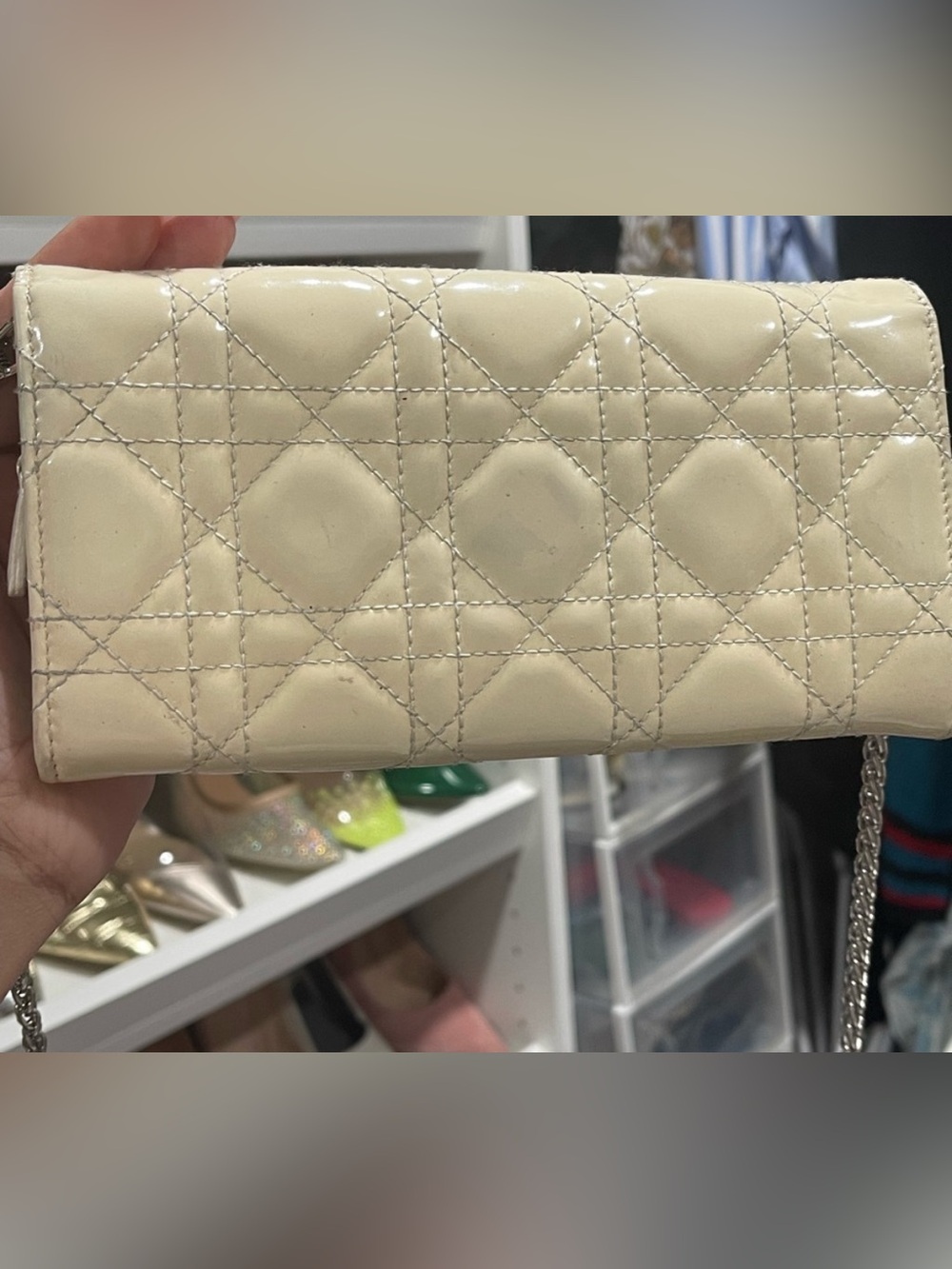 Christian Dior Patent Cannage Lady Dior Rendezvous Wallet On Chain in Beige - Picture 12 of 16